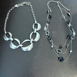 Silver Tone Linked Statement Necklace - Black Accent Multi-Strand Option